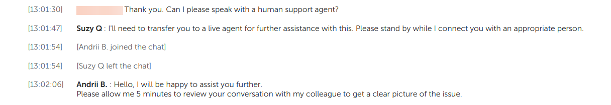 Namecheap live chat escalation to human agent