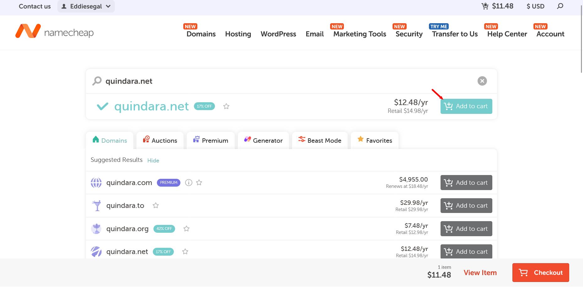 Namecheap domain availability search results