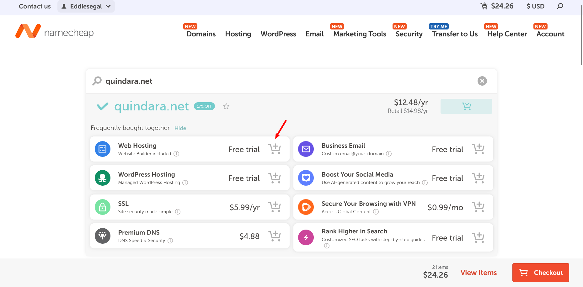 Namecheap frequently bought together add-ons panel