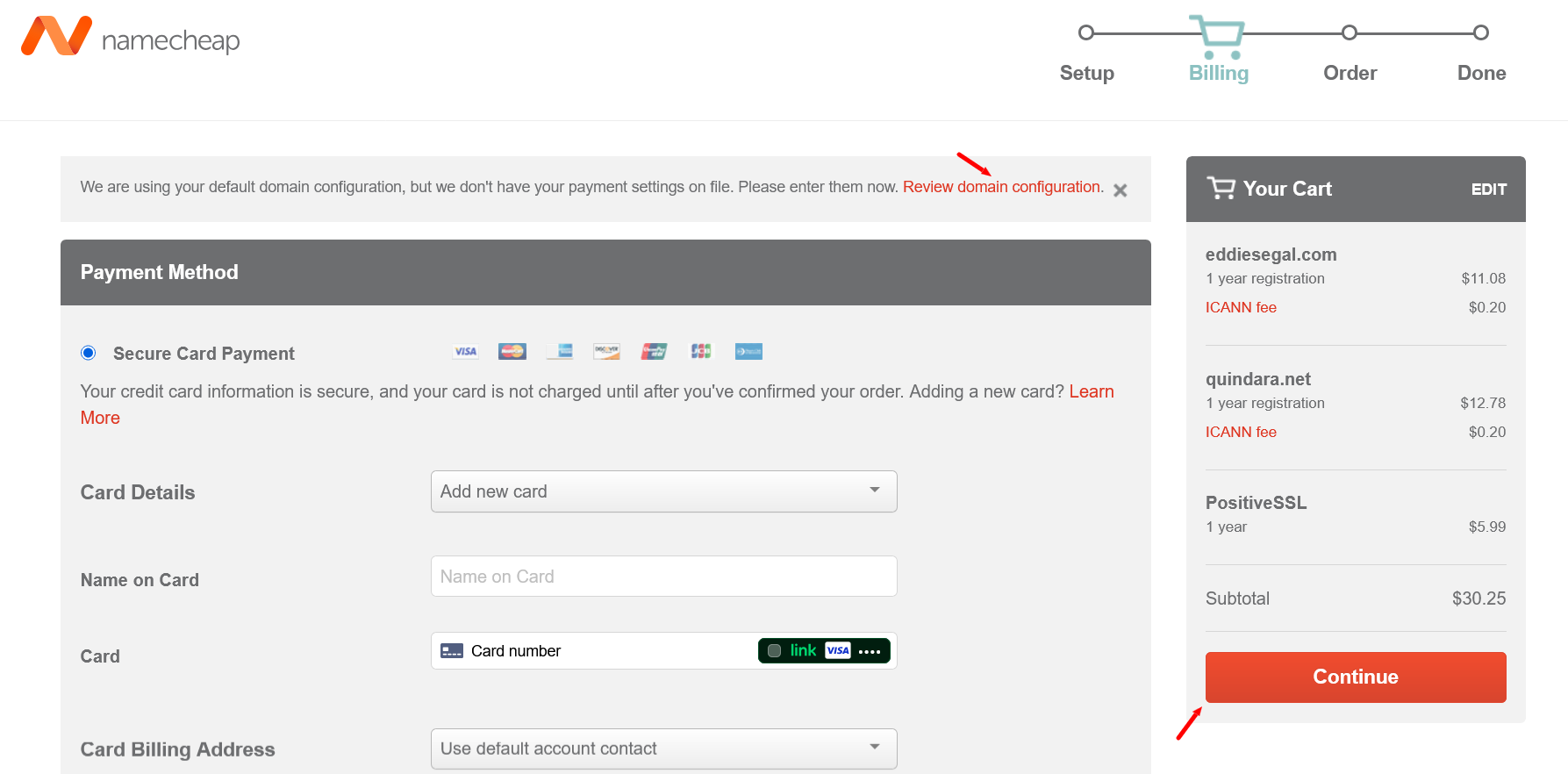 Namecheap billing and payment page