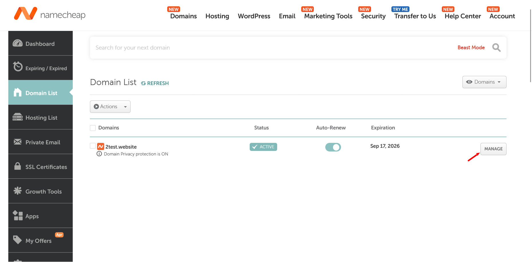 Namecheap Domain List dashboard