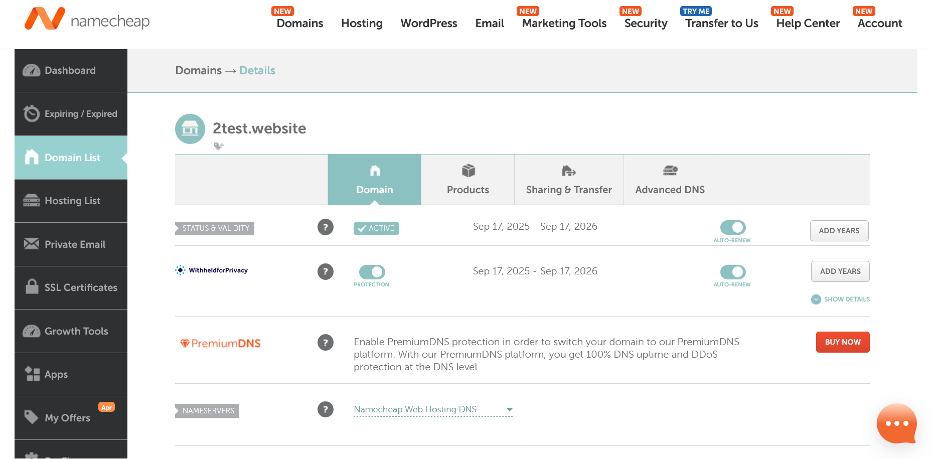 Namecheap domain management Domain tab