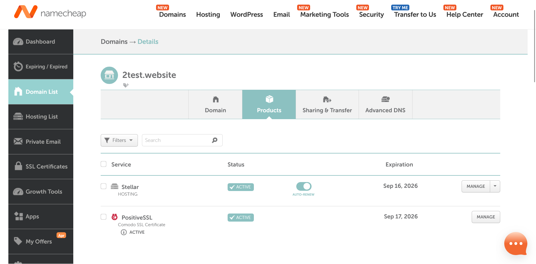 Namecheap domain management Products tab
