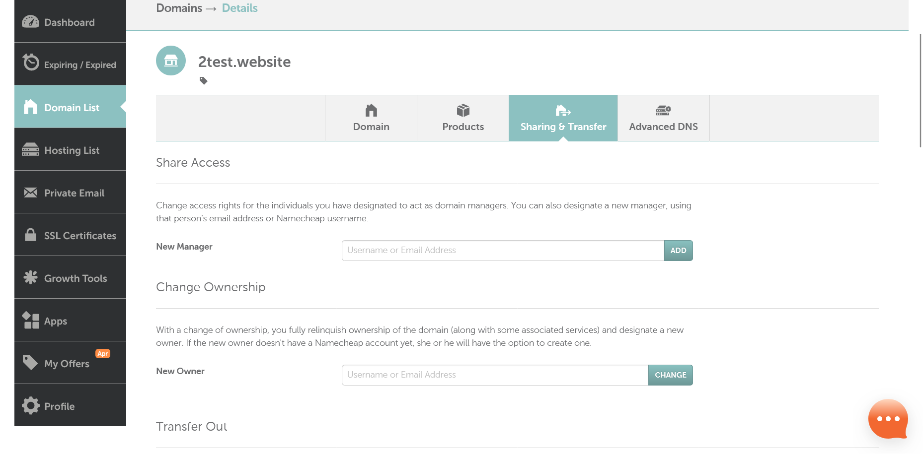 Namecheap Sharing and Transfer tab