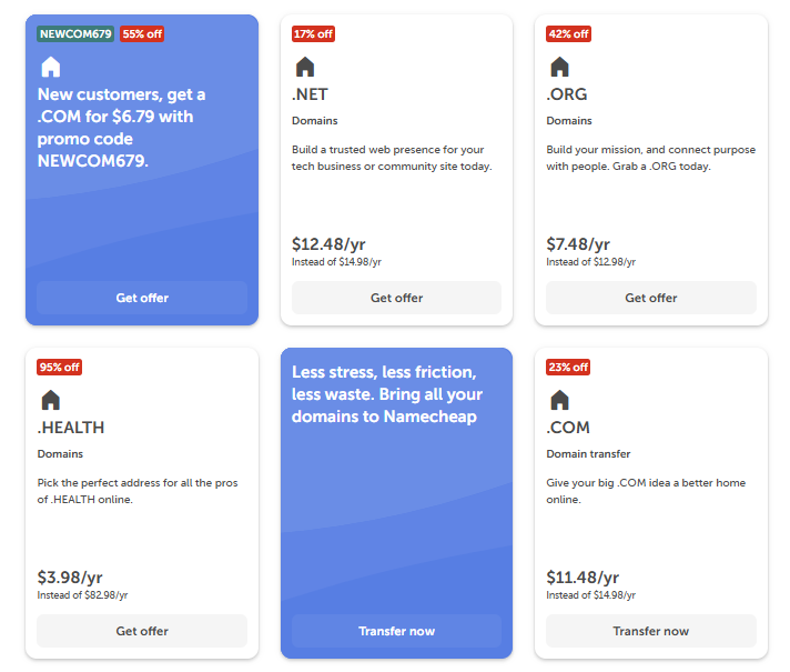 Namecheap new domain registration pricing table showing discounted TLD prices