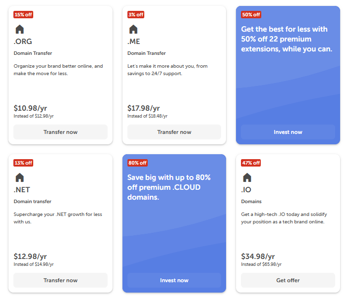 Namecheap domain transfer pricing table showing .com, .org, .net, and .me transfer prices