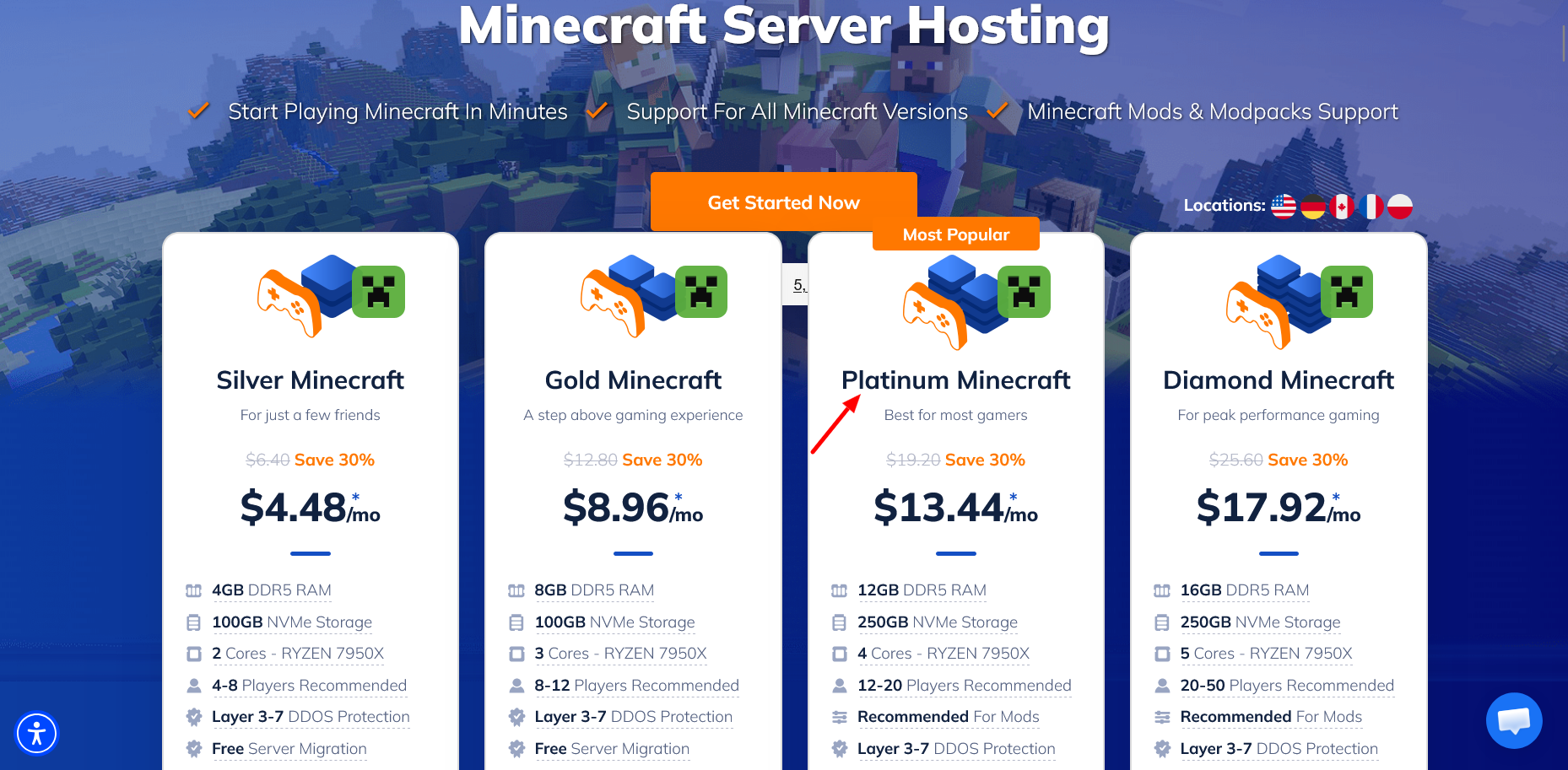 NameHero Minecraft Hosting plansのスクリーンショット