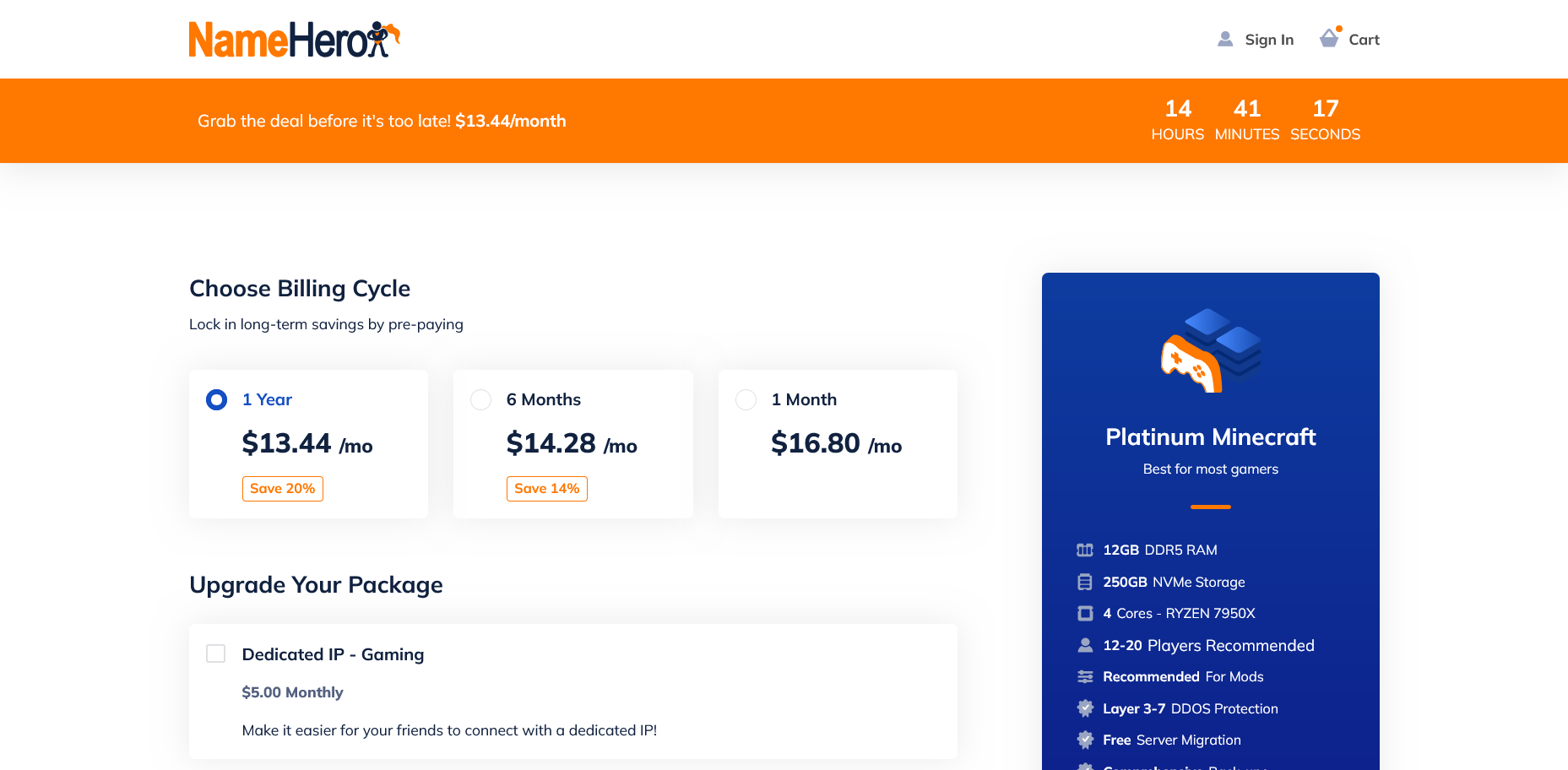 NameHero billing cyclesのスクリーンショット