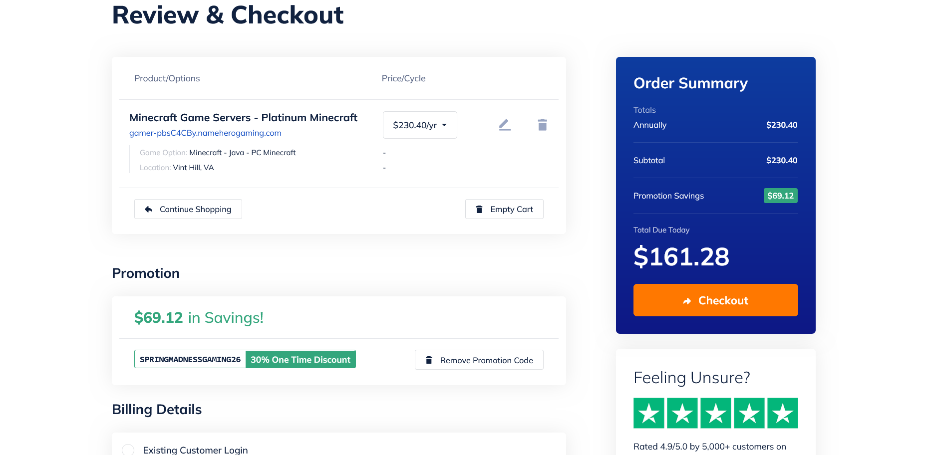 NameHero checkoutのスクリーンショット