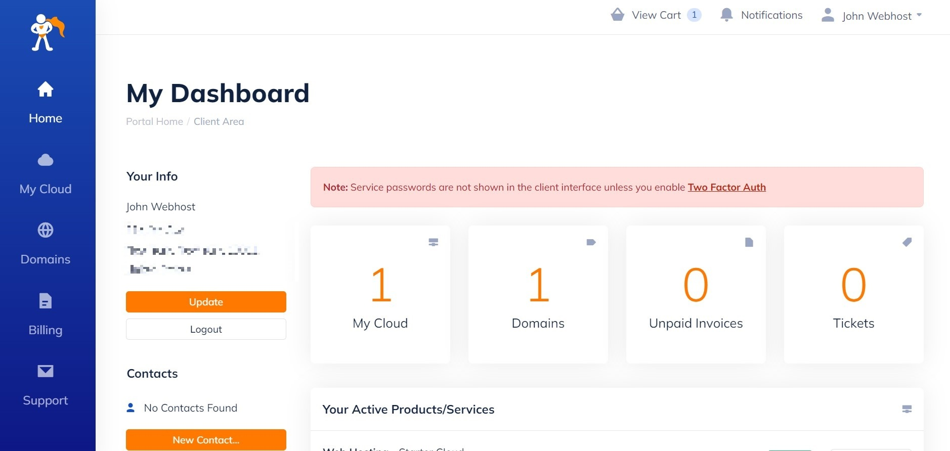 NameHero dashboardのスクリーンショット