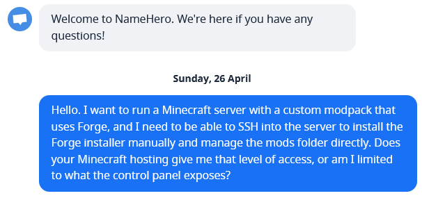 NameHero live chat conversationのスクリーンショット