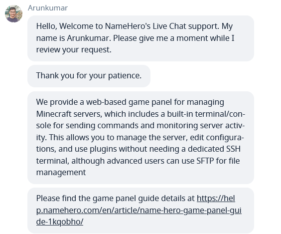 NameHero live chat conversationのスクリーンショット
