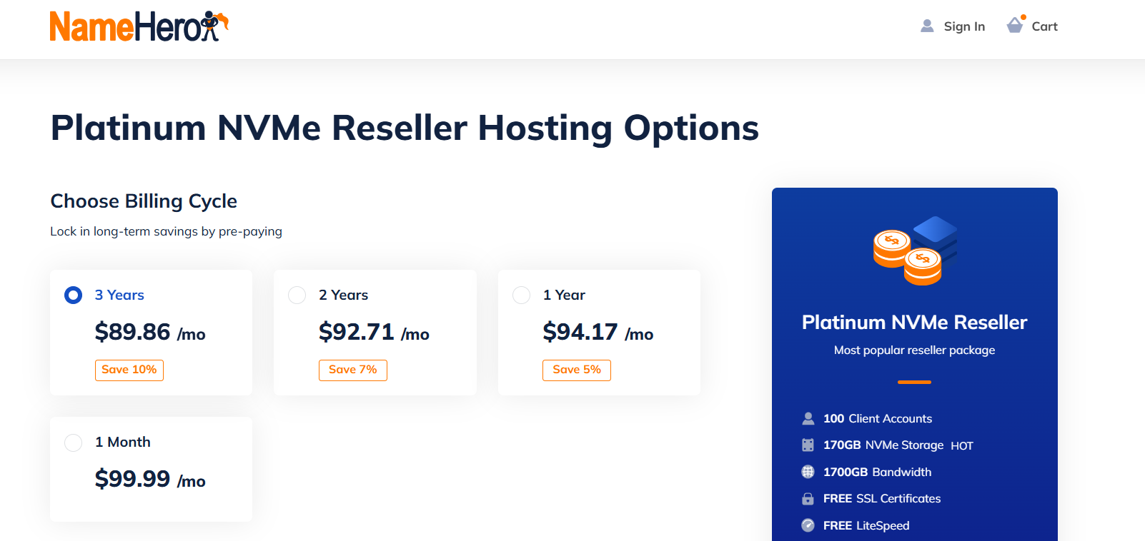 screenshot of Namehero Reseller hosting plan configurations