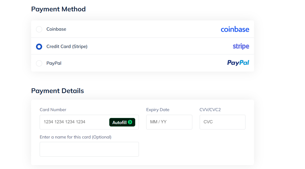 screenshot of Namehero Payment Methods