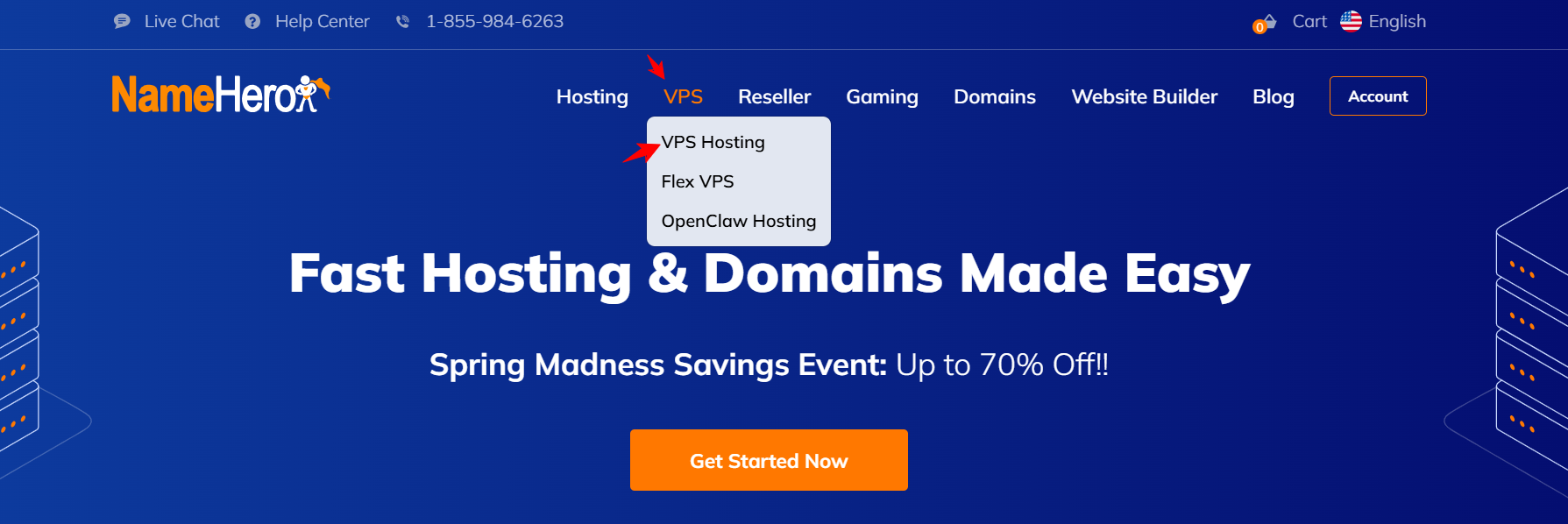 screenshot of Namehero VPS Services drop down list