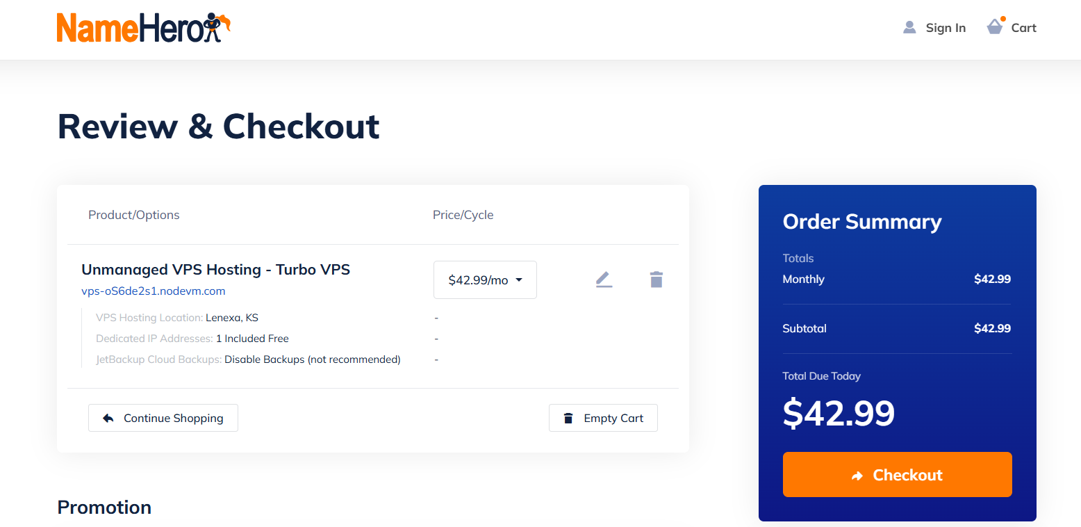 screenshot of Namehero Checkout