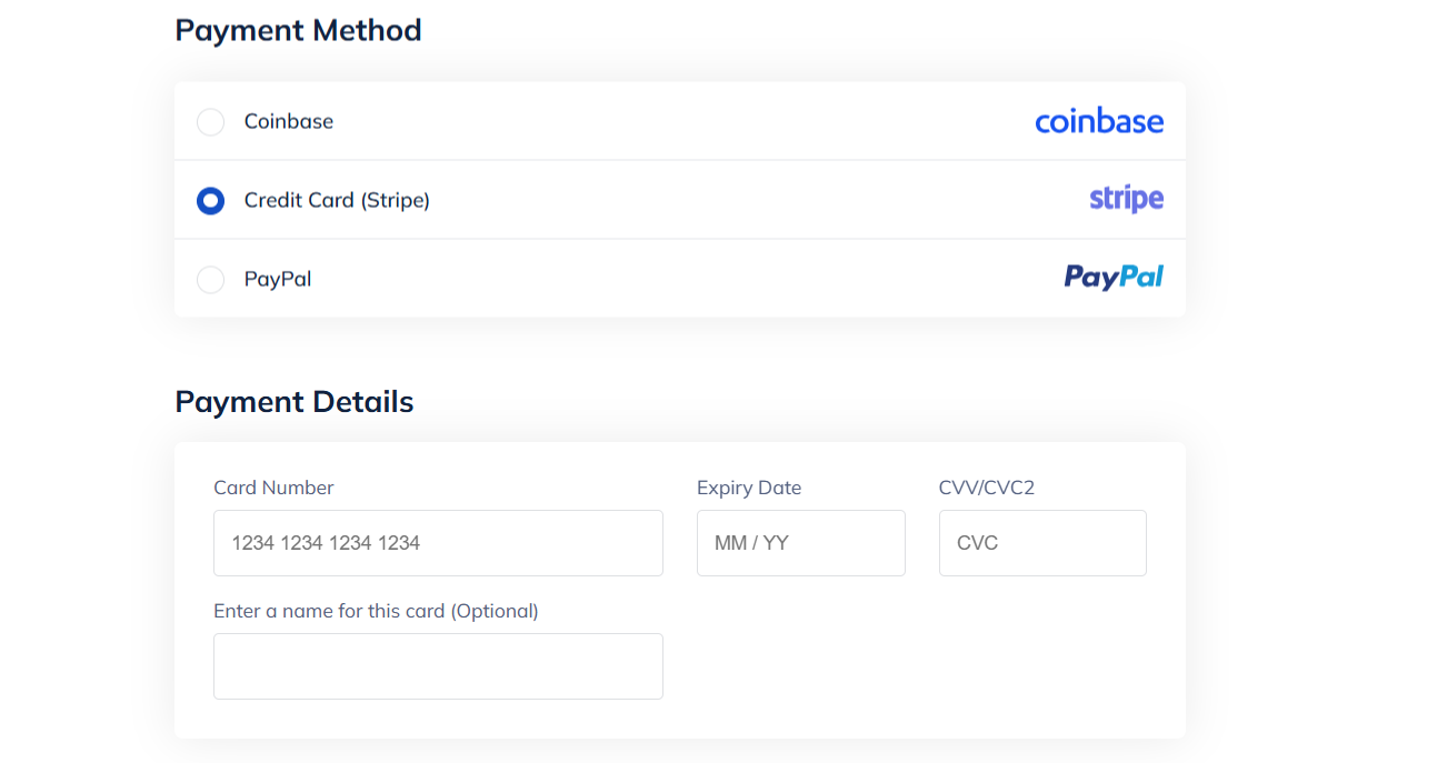 screenshot of Namehero Payment Methods