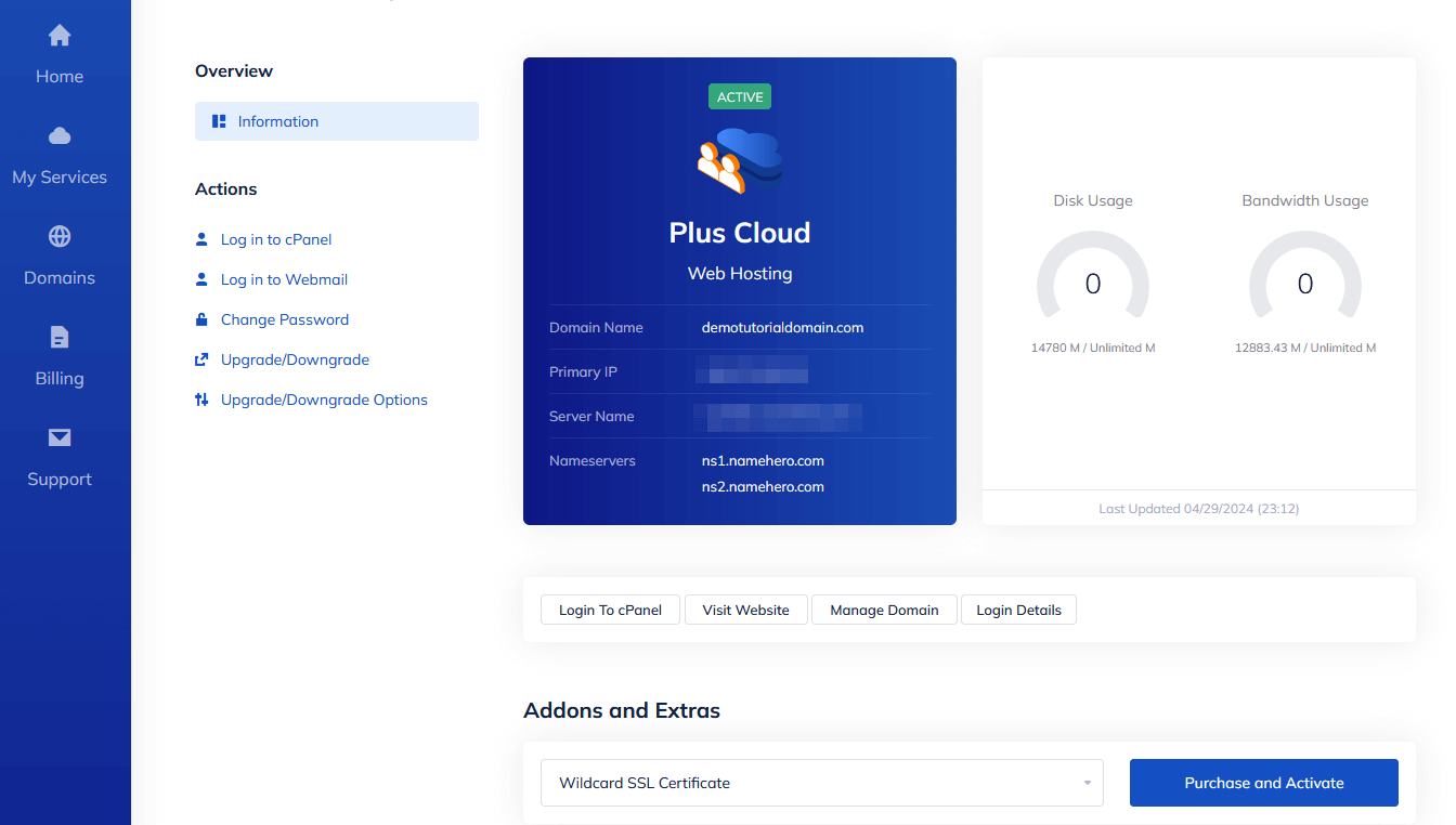 screenshot of Namehero Plan information