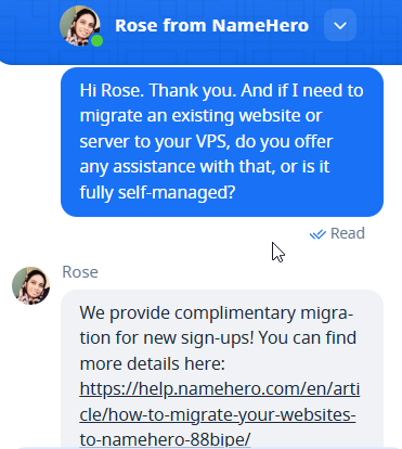 screenshot of the live chat conversation