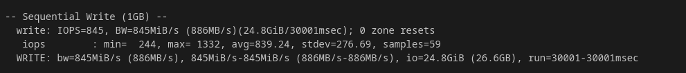 NameHero VPS fio sequential write benchmark result showing 845 MiB/s at 845 IOPS