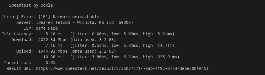 NameHero VPS Ookla speedtest result showing 2,072 Mbps download, 1,944 Mbps upload, 5.10ms latency, and zero packet loss via IdeaTek Telcom in Wichita, KS