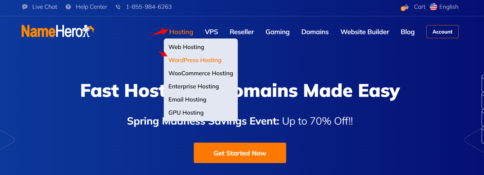 screenshot of Namehero Hosting Services list