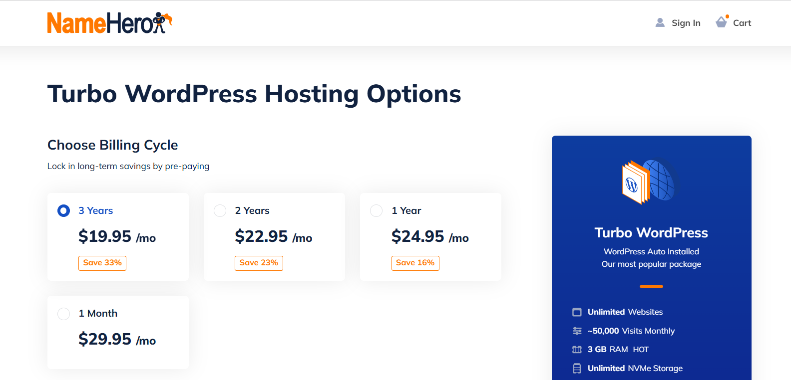 screenshot of Namehero billing cycles