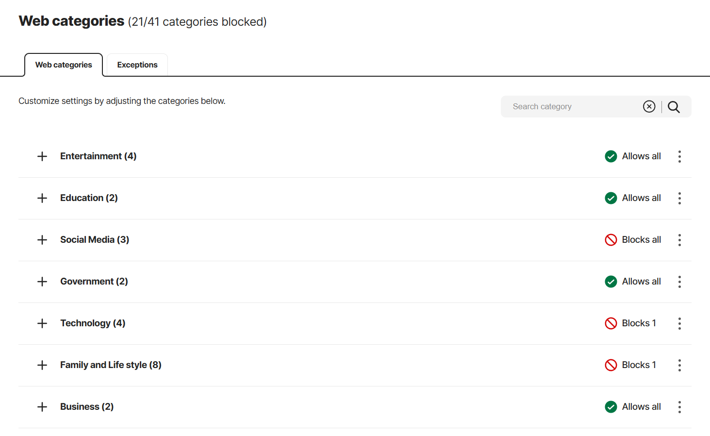 screenshot of Web filtering
