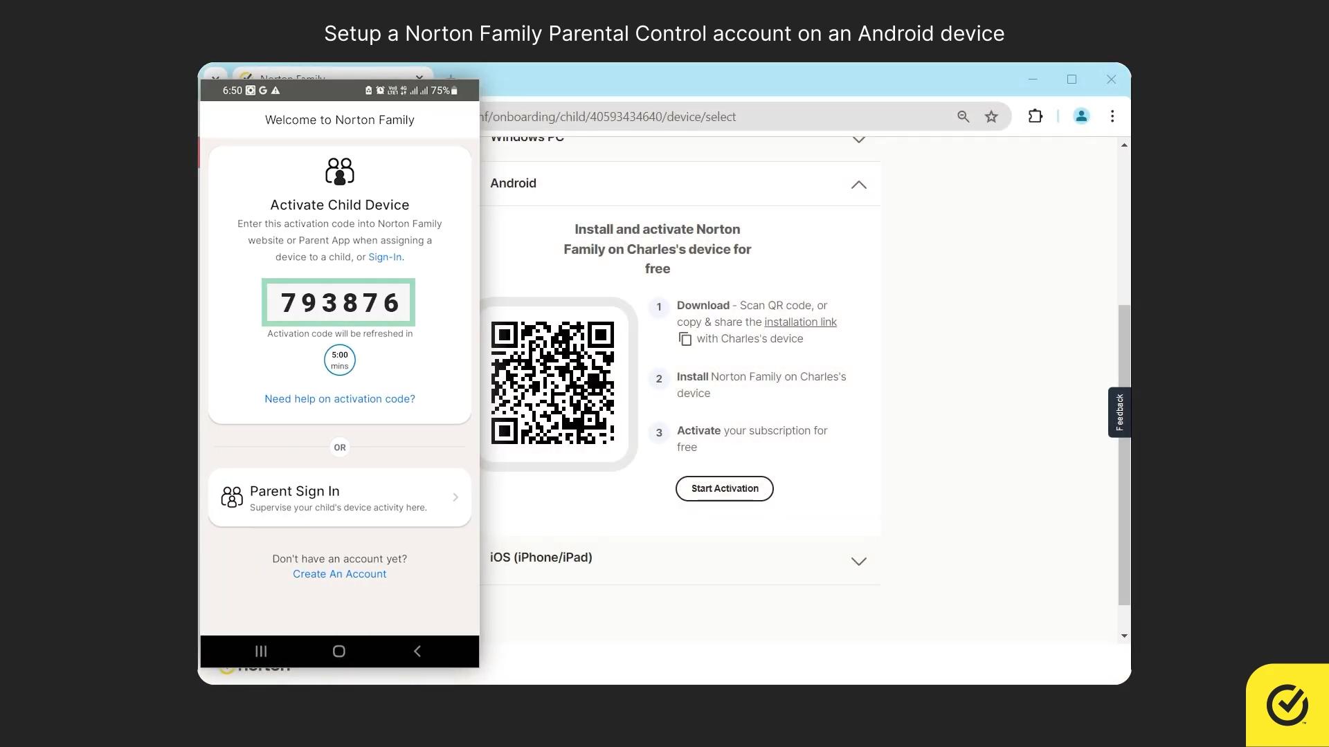 screenshot of Child Device activation