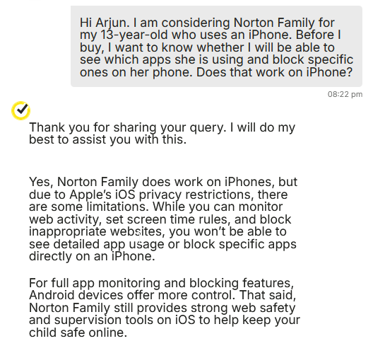 screenshot of Norton live chat conversation