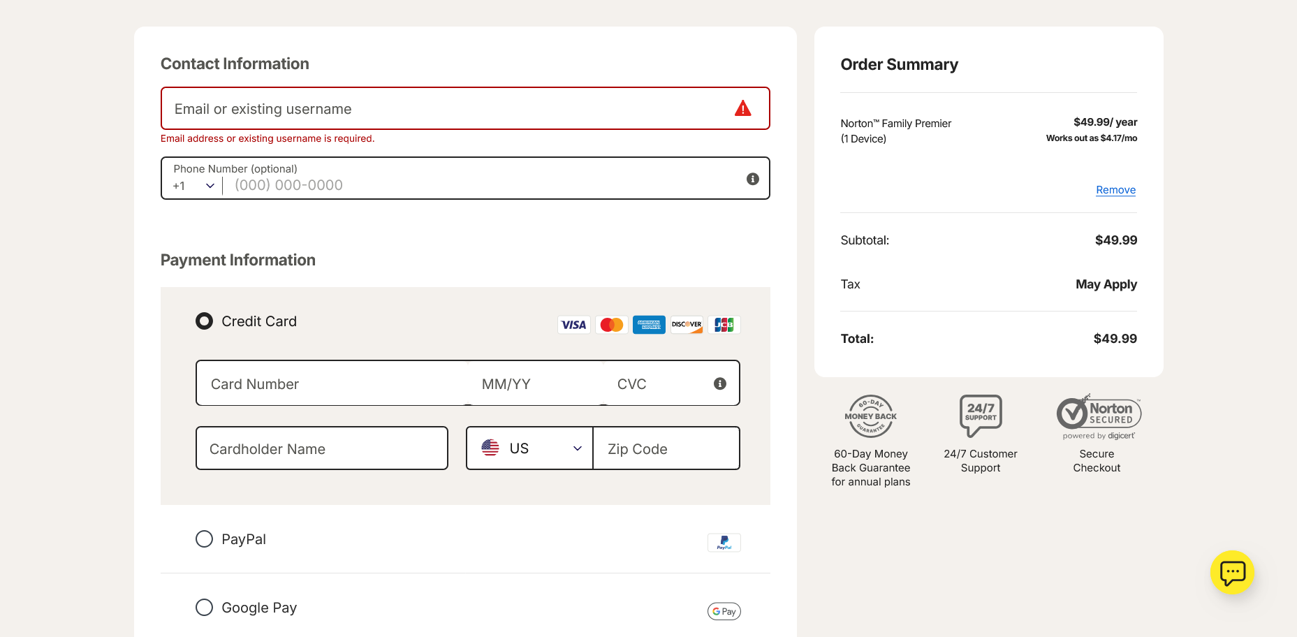 screenshot of payment information
