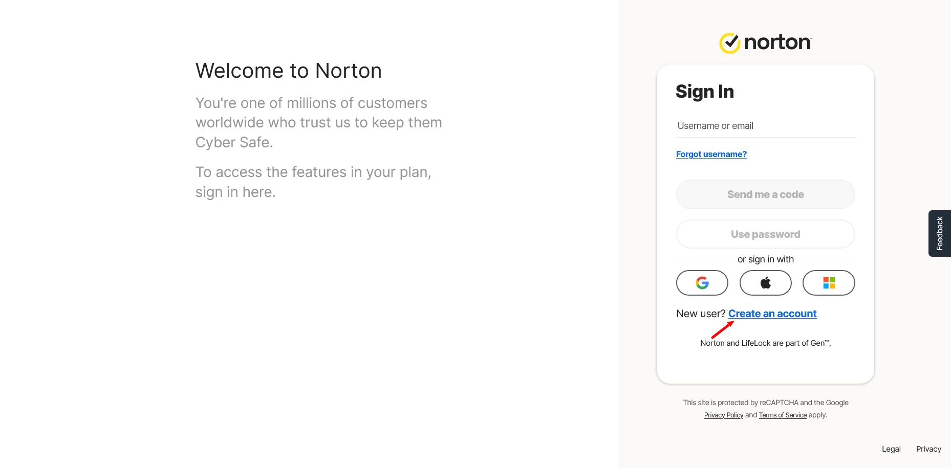 screenshot of Norton 'Create an account' button