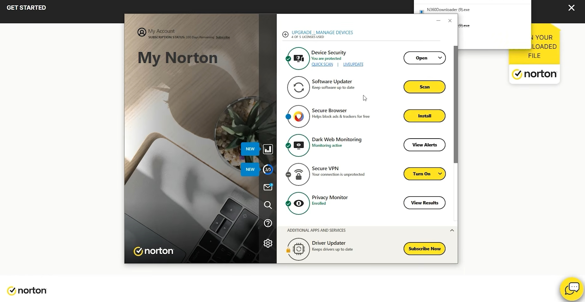 screenshot of Norton menu
