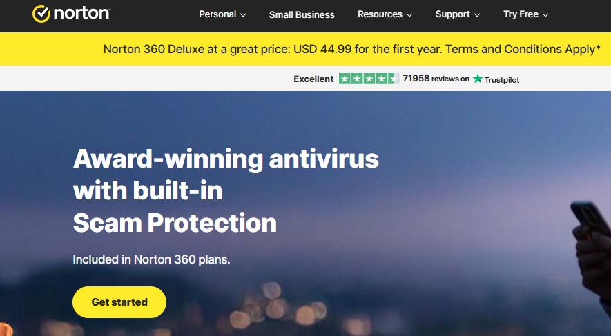 screenshot of Norton website