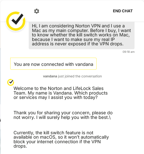 screenshot of Norton live chat conversation