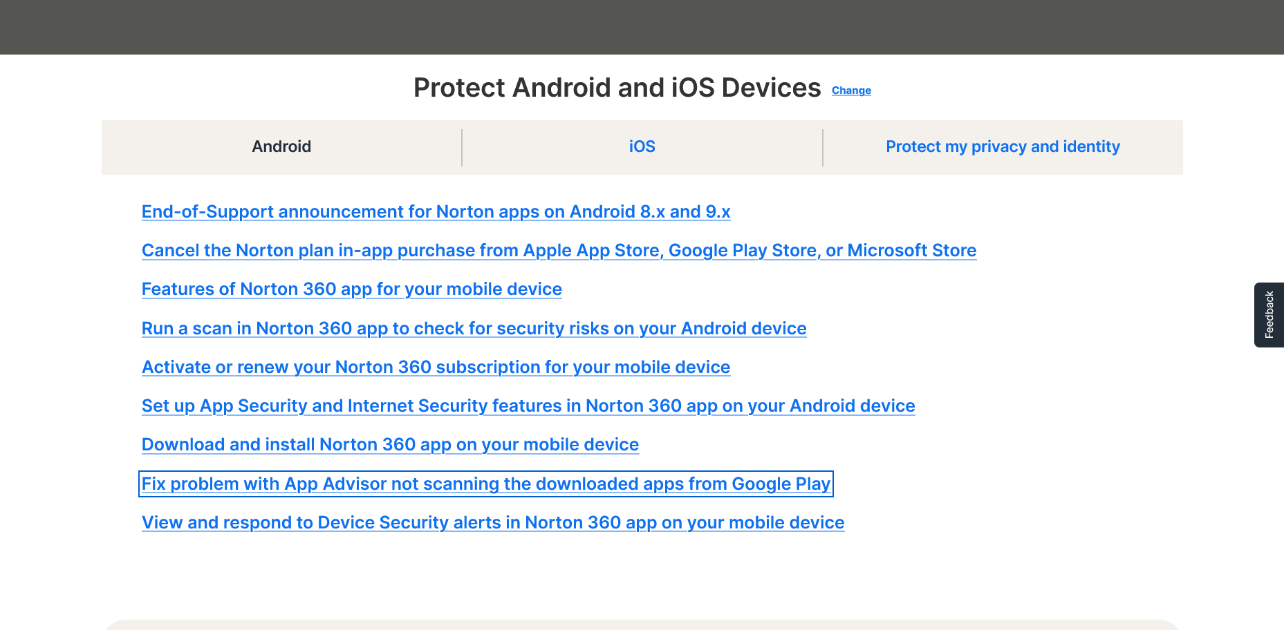 screenshot of Norton Help Center