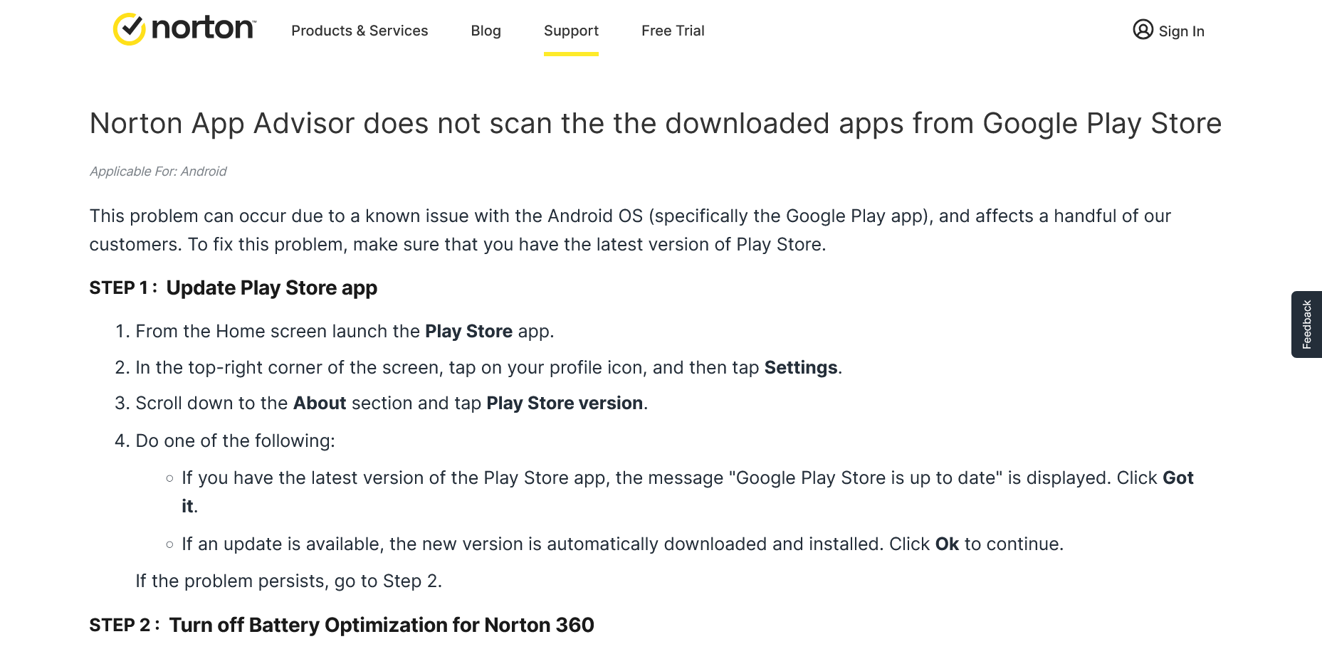 screenshot of Norton Help Article