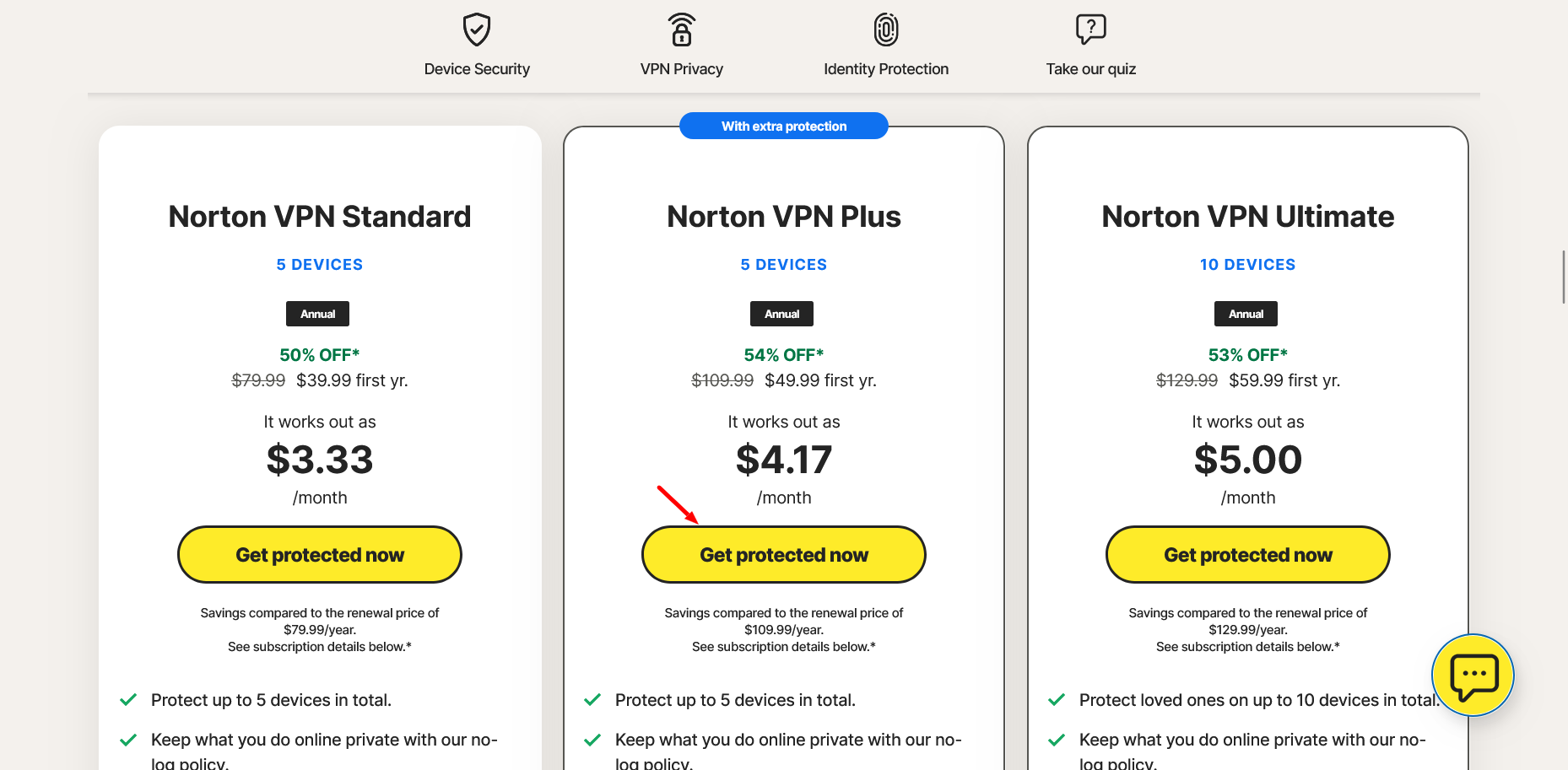 screenshot of Norton VPN plans