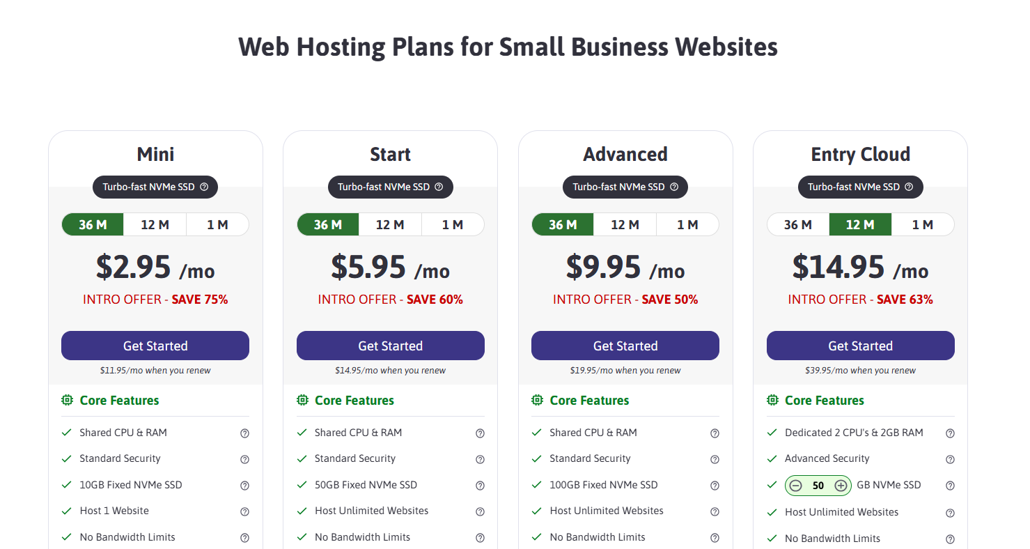 ScalaHosting web hosting plan pricing table