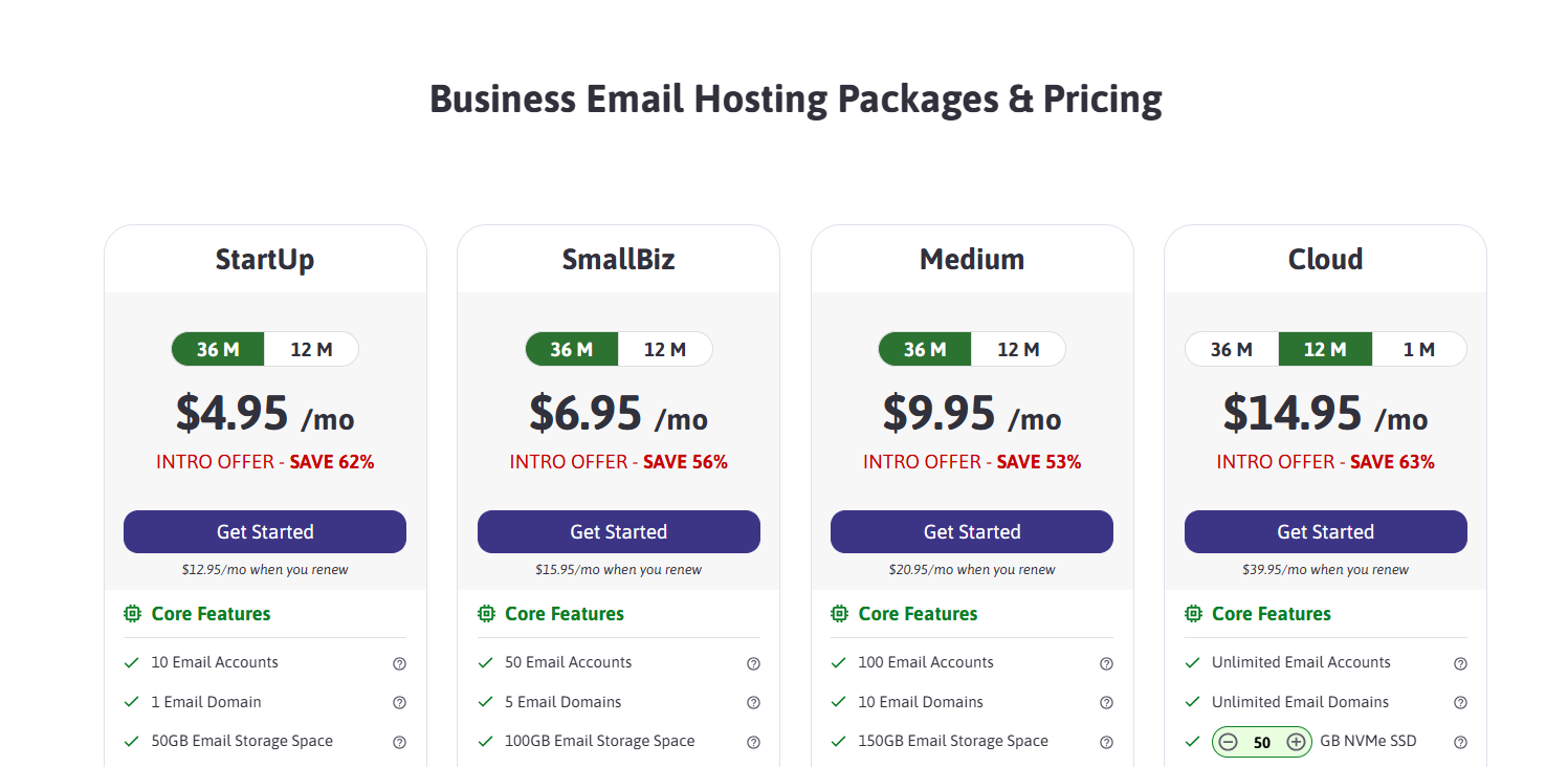 ScalaHosting business email hosting plan pricing table