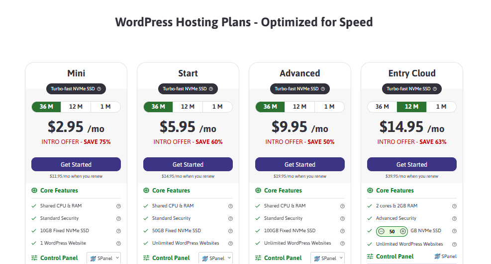 ScalaHosting WordPress hosting plan pricing table