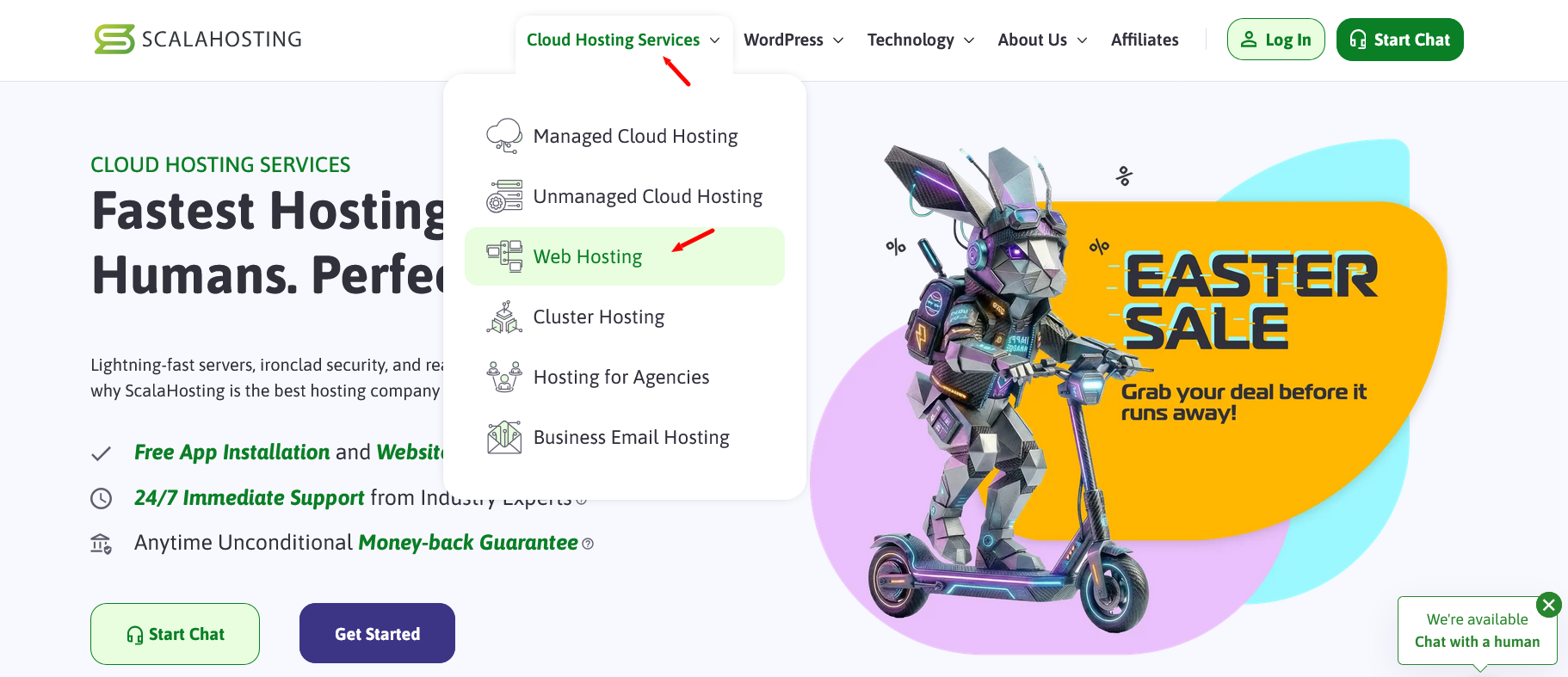 screenshot of ScalaHosting Cloud Hosting Services drop down menu