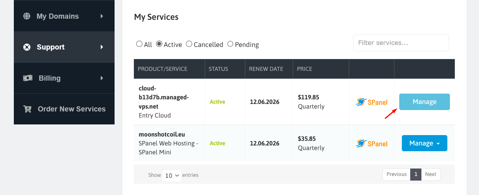 screenshot of the Manage button