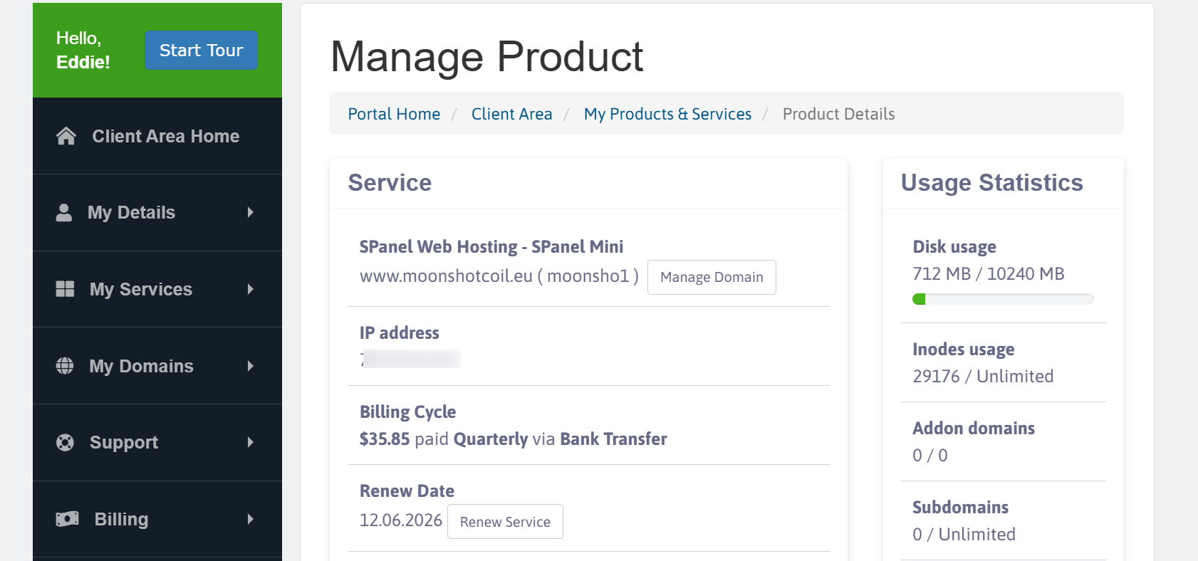 screenshot of ScalaHosting Manage Product menu