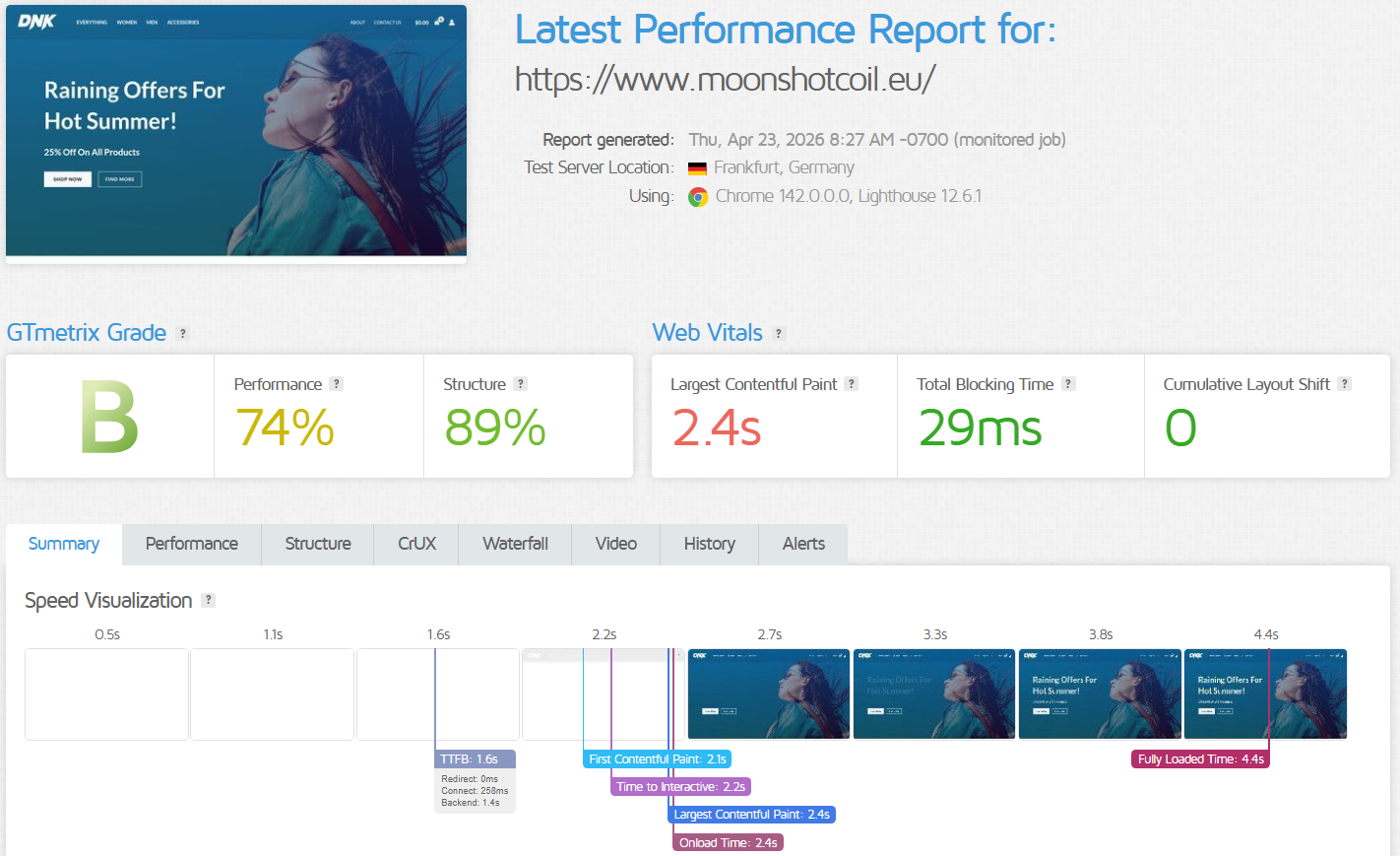 screenshot of ScalaHosting Latest Performance Report