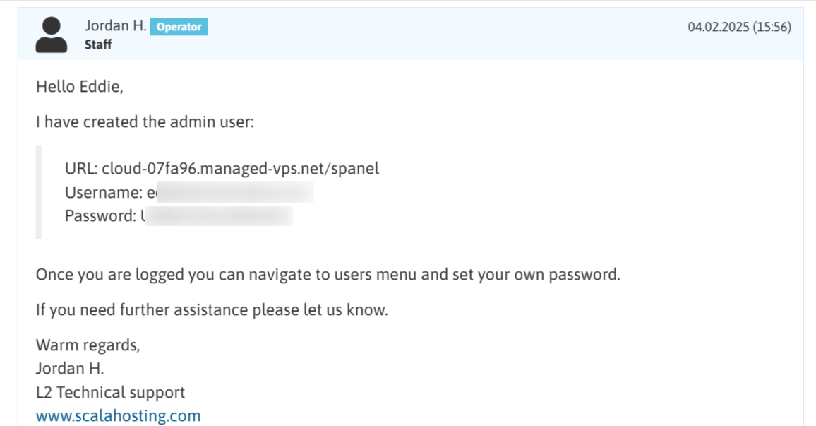 screenshot of Scalahosting Ticket Support Conversation