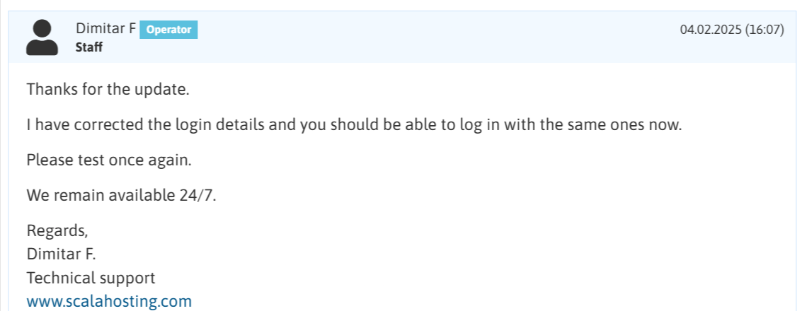 screenshot of Scalahosting Ticket Support Conversation