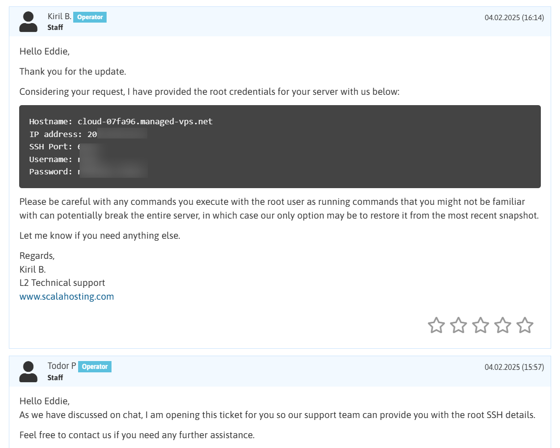 screenshot of Scalahosting Ticket Support Conversation