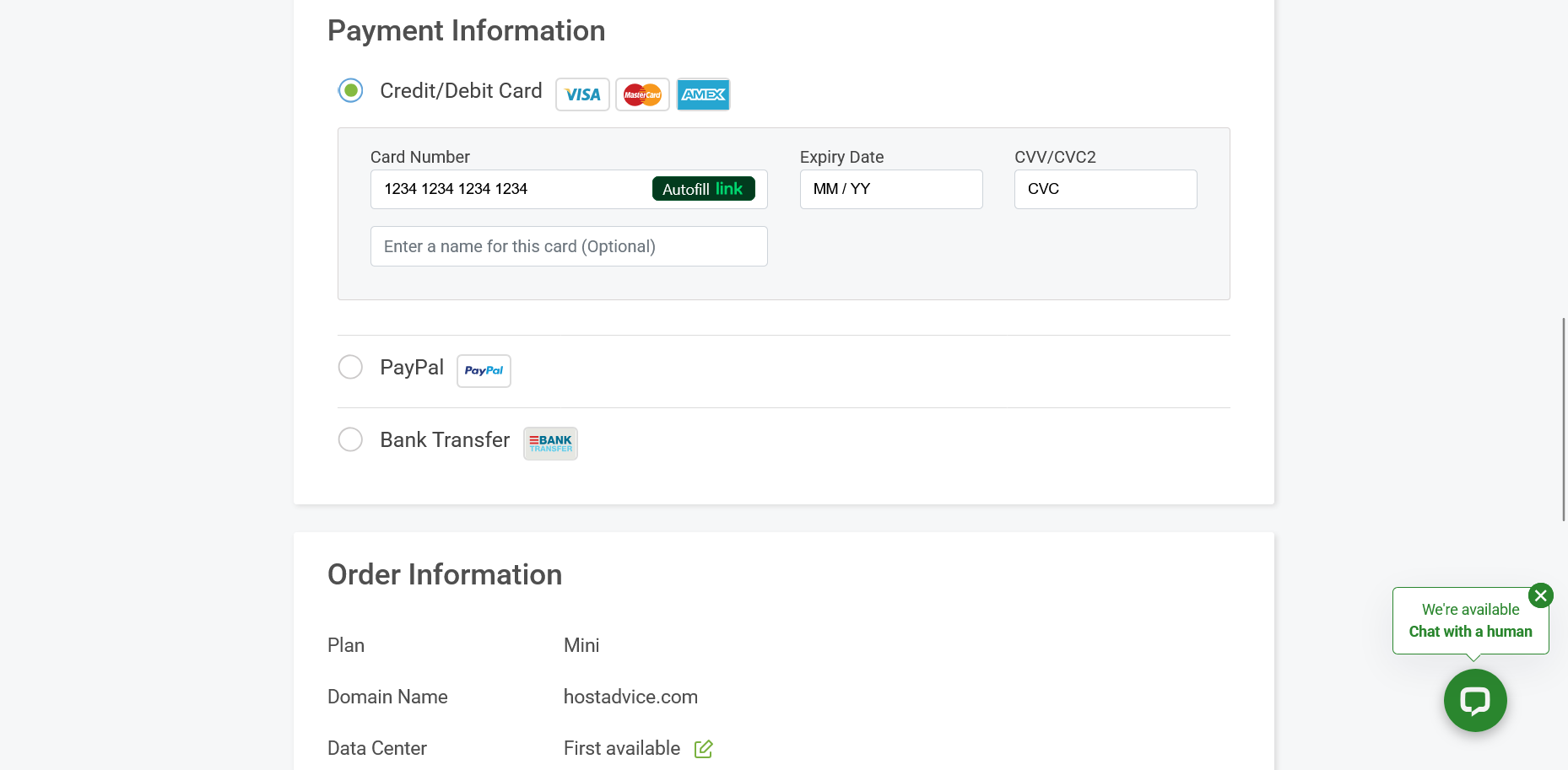 screenshot of ScalaHosting Payment methods
