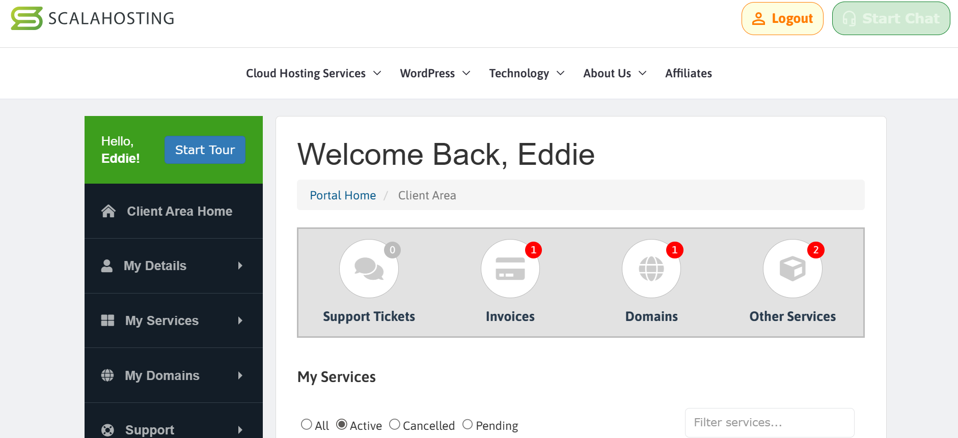 screenshot of ScalaHosting dashboard